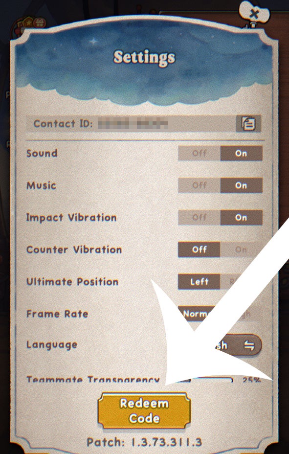 Seta apontando para o botão do menu de códigos no Acecraft.