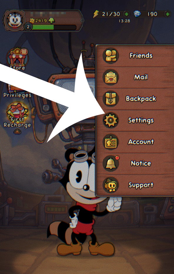 Seta apontando para o botão de configurações no Acecraft.