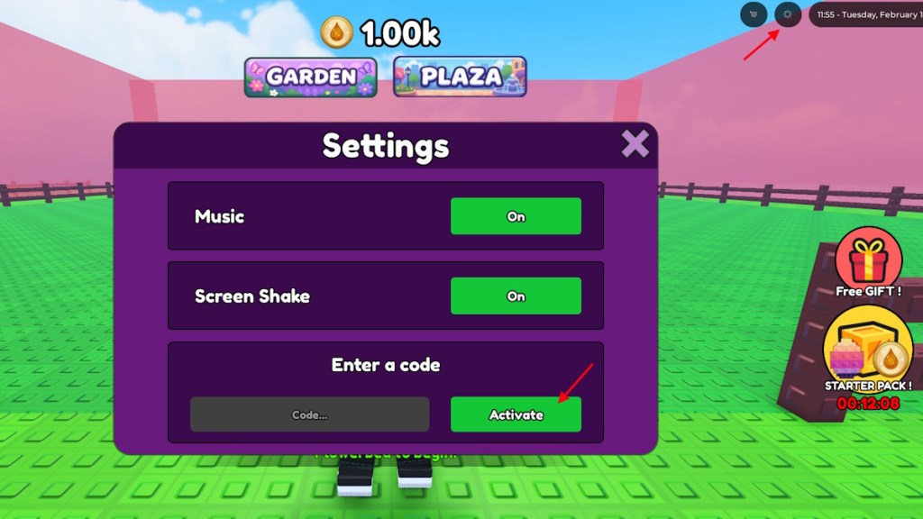 Tela de resgate de códigos em Build Your Butterfly Garden no Roblox