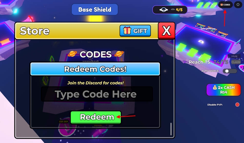 Tela de resgate de códigos em Merge a Black Hole no Roblox