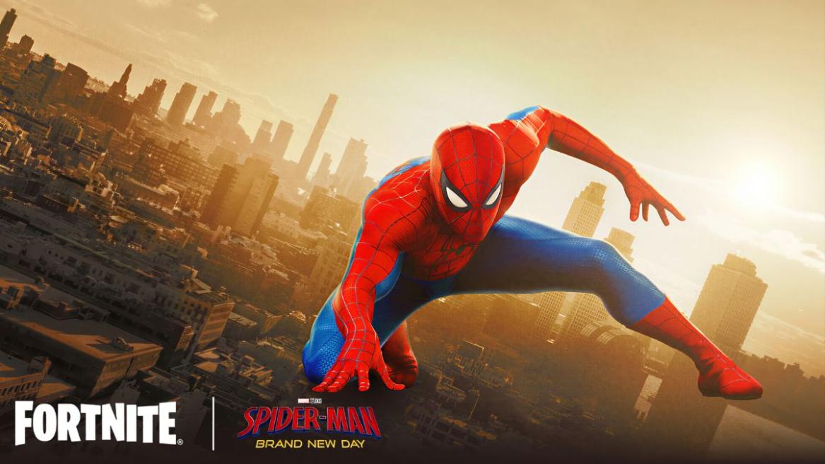 Arte de Spider-Man Brand New Day com logotipo de Fortnite em fundo promocional da colaboração