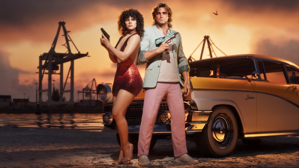Lucia Caminos e Jason Duval em arte promocional de GTA 6