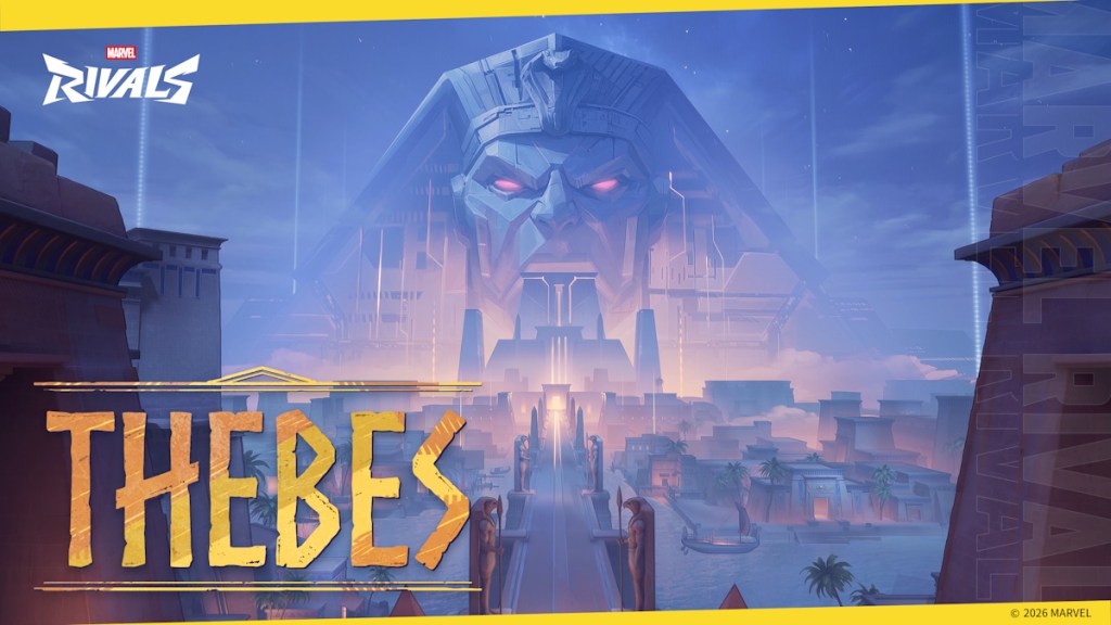 Mapa Thebes em Marvel Rivals com ruínas egípcias, deserto e estruturas monumentais