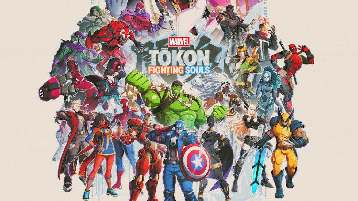 Pôster de Marvel Tokon: Fighting Souls com heróis e vilões da Marvel em destaque